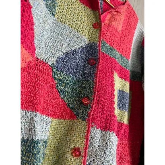 Vintage 2002 Susan Bristol Hand Knit Patchwork Crochet Cardigan Sweater M - Picture 3 of 7